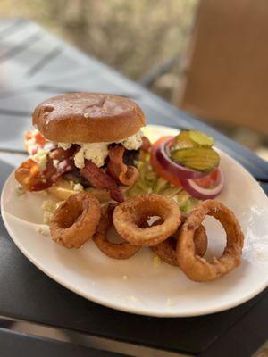 Bacon Me Blue Burger with onion rings