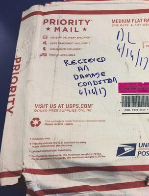 When this was sent last week, the box was brand-new and pristine. It was damaged by the United States Postal Service.