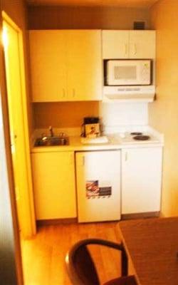 Microwave, refrigerator, small sink, a few dishes, pots n' pans and utensils and 2 electric stove burners.