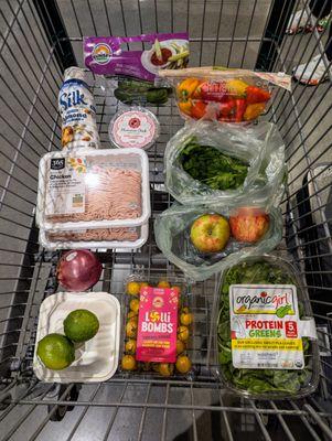 Ground chicken $6.99 ea. Hummus $4.99. Cilantro $0.99. Red onion $1.99/lb. Lime $0.69 ea. Organic Girl $4.49. Honeycrisp Apple $3.99/lb.