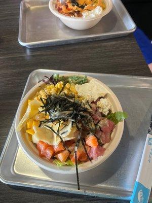 Sushi bowl, ahi tuna salmon nori mango ginger wasabi corn cream cheese