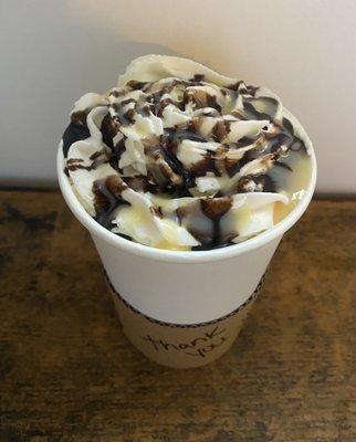 Vanilla latte with white chocolate and dark chocolate swirl