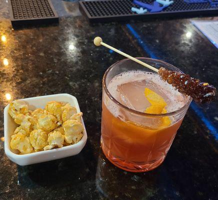 Tart Old Fashioned Paired with Whiskey Bourbon Popcorn