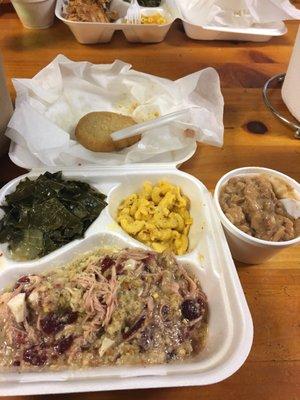 Chicken & dressing, greens, Mac & cheese, and pinto beans with hot water corn bread.