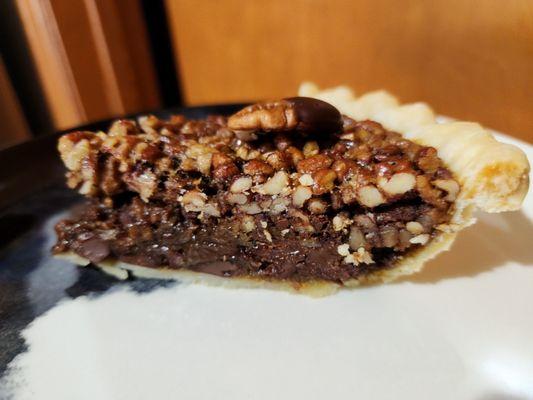 Dark chocolate bourbon pecan pie slice