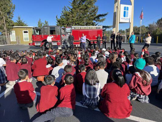 Visit from SBFD to announce the fire poster winners.