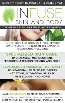 Our newest ad, introducting Infuse Skin and Body, offering advanced skin treatments, massage, body treatments, and reflexology