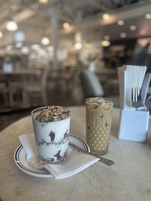 TAHINI ROSE GRANOLA and iced oat milk latte