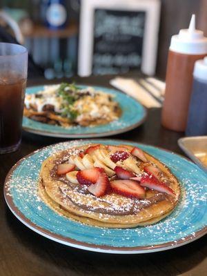 Chliequiles with steak  and pancakes