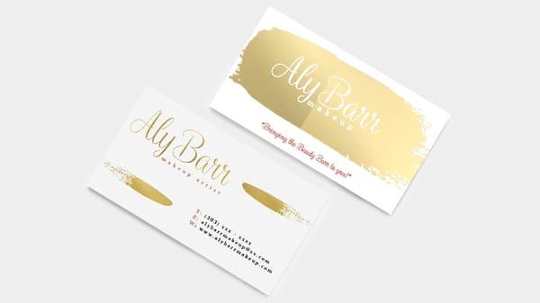 Business cards we designed for Aly Barr makeup as part of her branding