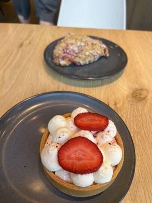 berry scone and strawberries and cream tart