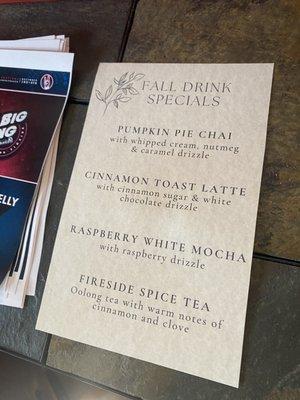 Fall drink specials (menu)