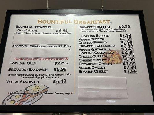 Breakfast menu and pricing 3/29/2023