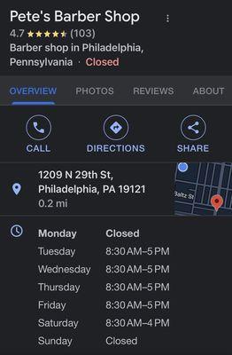 Pete's Barber Shop- hours of operation
