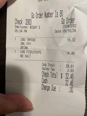 $14.50 for a LG order of fish and chips