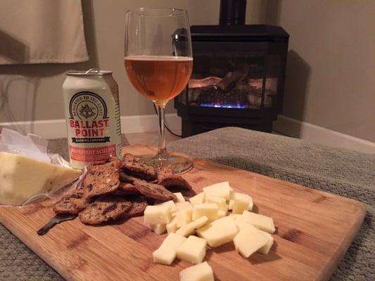 Beer and cheese by the gas fireplace