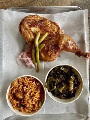 Smoked Chicken, Savannah Red Rice, and South Georgia Collards.