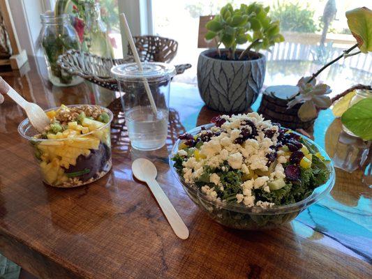 Tropical Bowl, Infused Pineapple Cucumber Mint Water, and Kale & Quinoa Salad