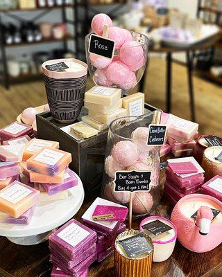 A selection of our pink products, sweet and floral bath bombs and bar soaps.