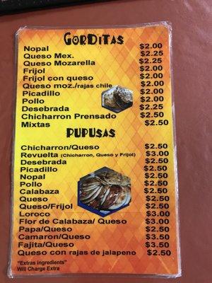 Menu gorditas/pupusas