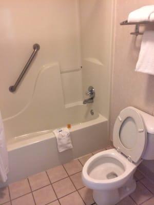 Nice, clean bathroom. Shower head is kind of sticking out of the wall but the water pressure makes up for it.