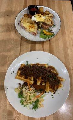 Waffles with braised beef and croquette madame