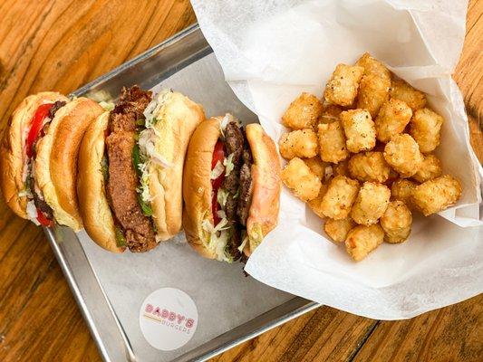 Daddy's Burgers Classic Burger, Fried Chicken Sandwich and Daddy's Tater Tots