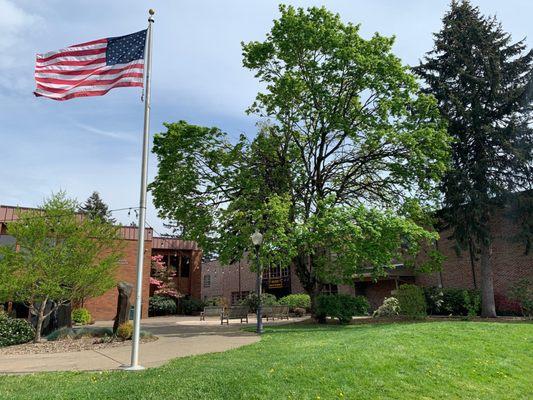 The central campus courtyard, including the Womack fountain, connects various parts of the school property.