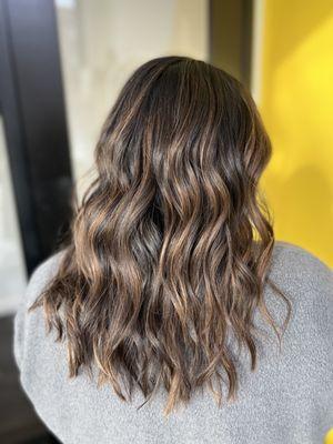 Dimensional brunette to blend greys with caramel pops