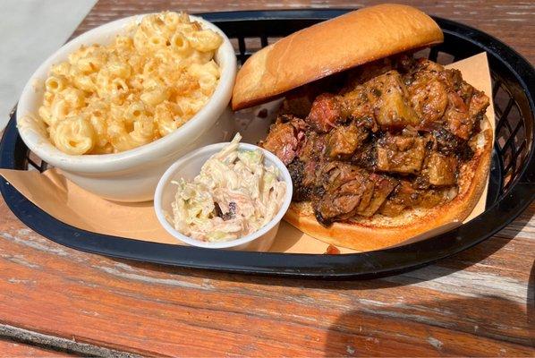 Barbecue Brisket SANDWICH Mac And Cheese Cole Slaw