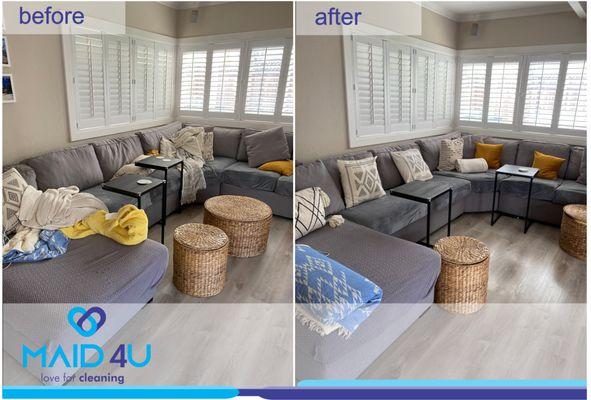 The photograph depicts a room before and after Maid4U's cleaning service. In the initial image, the room appears cluttered and dusty, with