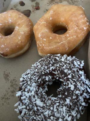 Chocolate iced with coconut; plain glazed. Not picture: cookies 'n dream, chocolate iced, and chocolate iced with sprinkles. *gulp*