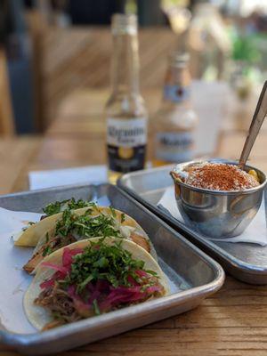 Elote, smoked brisket, chicken tinga and the taco I forgot after having the Switchback shot combo.