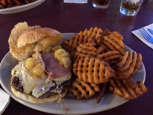 Hot Hawaiian Burger and waffle fries