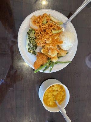 Batter fried fish, egg flower soup, Chinese bun, green beans, walnut shrimp and coconut prawns