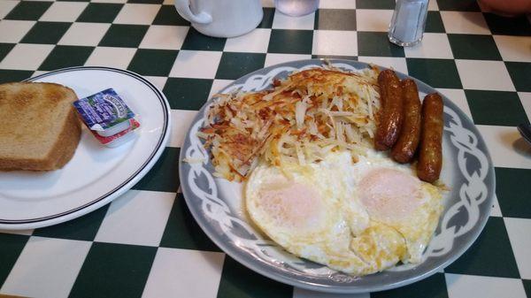 2eggs sausage  hash browns and toast cooked excellent