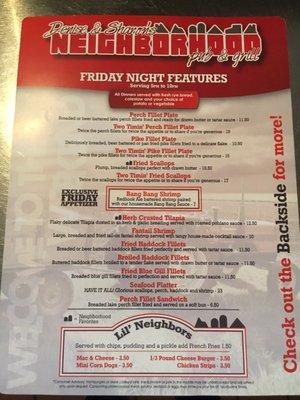 Friday night featured foods. Also a limited menu