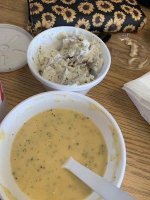 Broccoli cheese soup and redskin potato salad