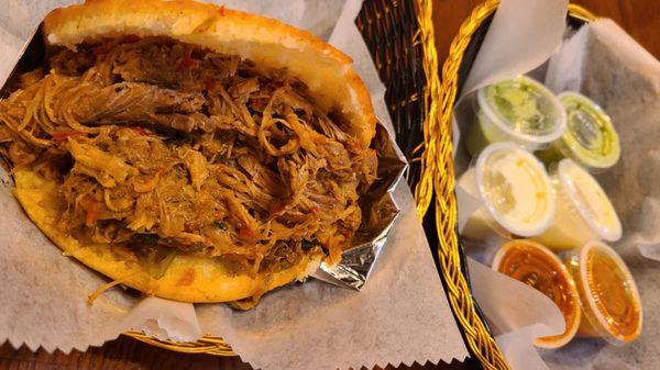 Carne Arepa with the dipping sauces