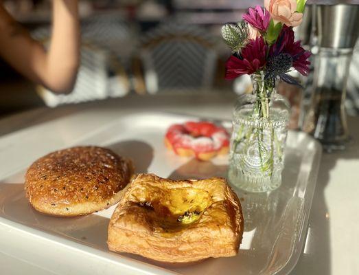 Curry Croquette, Broccoli Cheddar Quiche, and Strawberry Mochi Donut