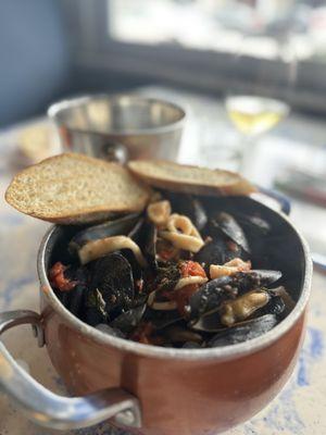 Mussels with Italian Broth included fish and calamari in addition to the mussels. Stellar!