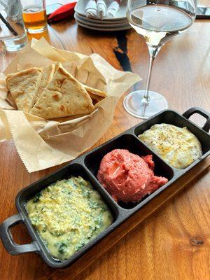 Trio of dips: spinach, beet, hummus