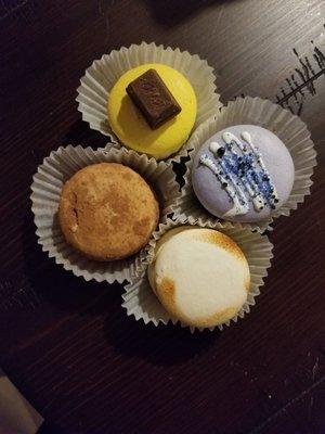 banana milk (top) tiramisu (left) earl gray (right) creme brulee (bottom)