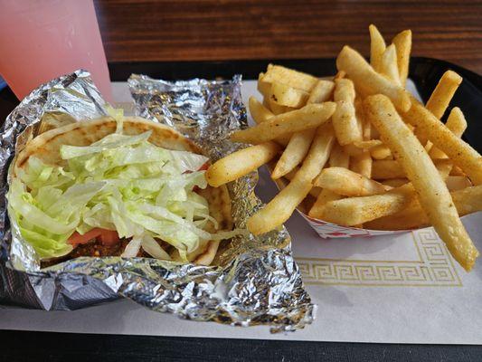 Pita sandwich with falafel and an order of fries.