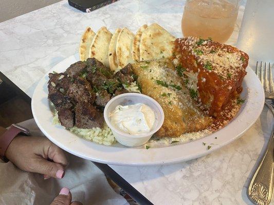 Triple combo, beef souvlaki, tyropita and pastitsio