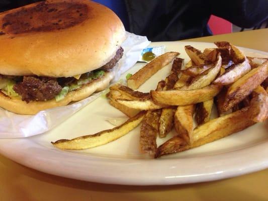 Mexican cheeseburger with pico, guacamole and jalapeños and an order of hand cut fries :)