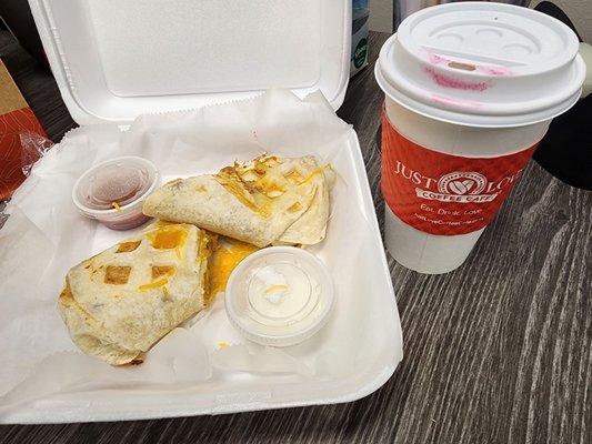 Breakfast burrito and cappuccino.