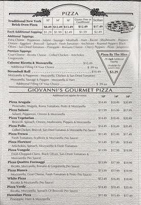 Pizza menu