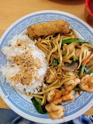 Shrimp lo-mein egg roll,steamed rice lunch portion.