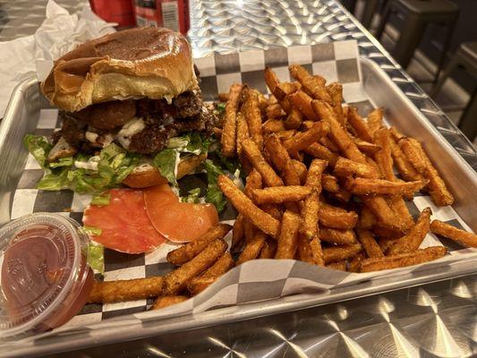 Crispy bacon burger and sweet potato fries